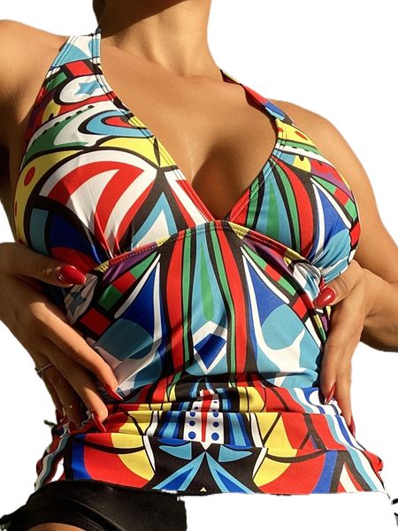 

random allover print drawstring tie back halter tankini 55jr#, White;black