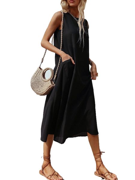 

dual pockets sleeveless tank dress i3lo#, Black;gray