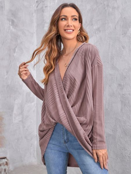 

cross wrap rib-knit asymmetrical hem tee g1ly#, White