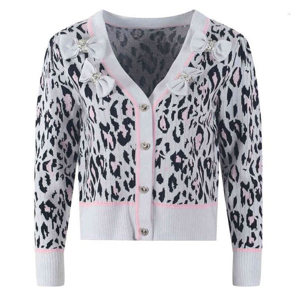 

women's knits tees autumn leopard bright silk jacquard stitching diamond studded loose knit cardigan v-neck bow jacket scie, White