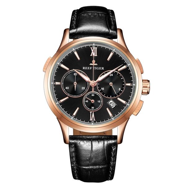 2020 Reef Tiger/RT Luxury Men Watch Watch Dial Black Gold Gold Watch Cronograph Quartz Leather Strap RGA1669 T200409