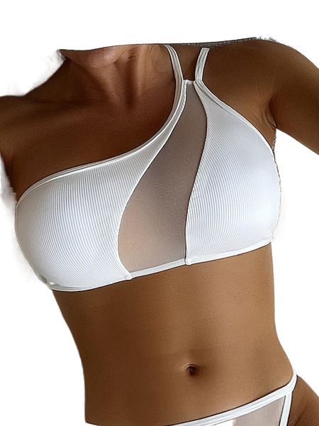 

contrast mesh one shoulder bikini d2q1#, White;black