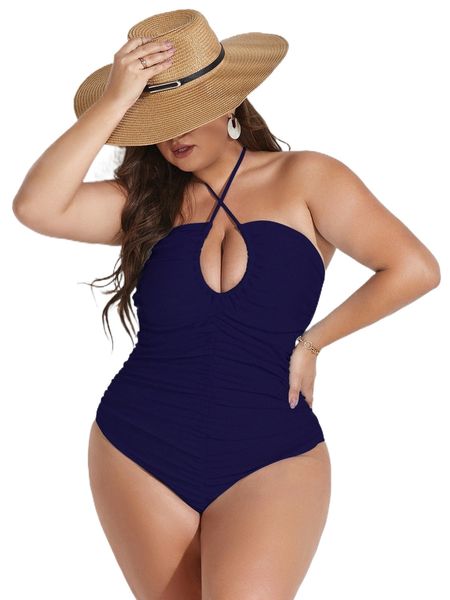 

plus ruched criss cross one piece swimsuit a26j#, White;black