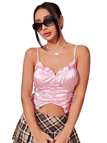 

frill trim shirred back satin crop 95jj#, White