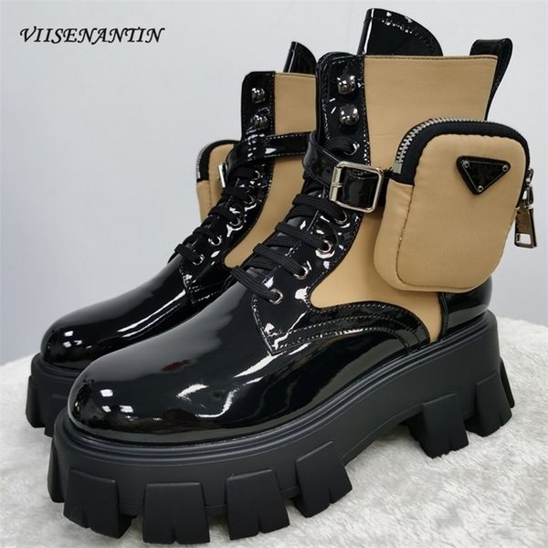 

new fashion lace up chunky sole round toe patent leather ankle pocket knight boots autumn thick heel khaki black shoes for women 201102