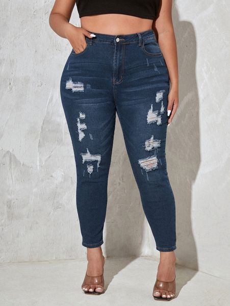 

plus ripped high waist skinny jeans 67tu#, Blue