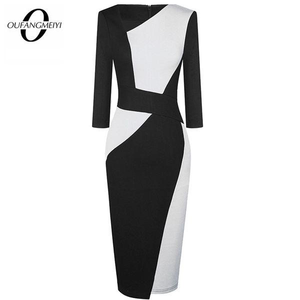 

vintage women patchwork asymmetrical collar elegant casual work office sheath slim dress eb517 210322, Black;gray