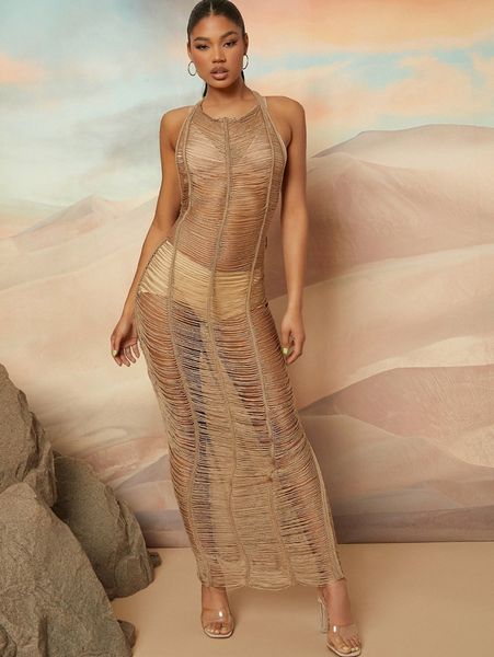 

sheer crochet knit plunging halter maxi dress y1ar#, White;black