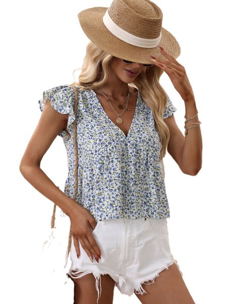 

ditsy floral flutter sleeve peplum hem blouse e3ko#, White