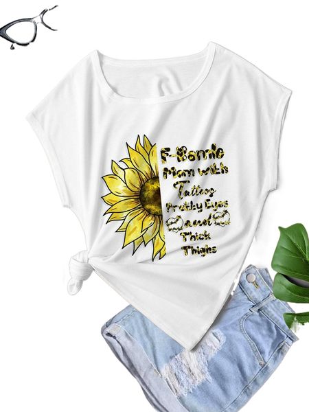 

floral & slogan graphic batwing sleeve tee b0fj#, White