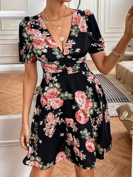 

floral print deep v neck puff sleeve ruched waist dress u6d3#, Black;gray