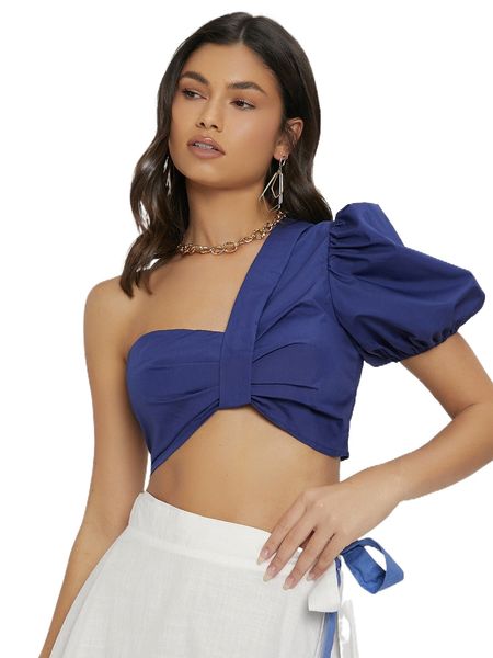 

one shoulder puff sleeve crop 53wf#, White