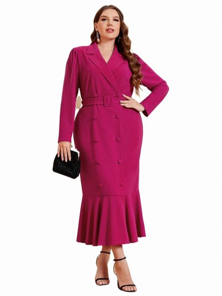 

plus lapel collar button front ruffle hem belted dress m5wk#, Black