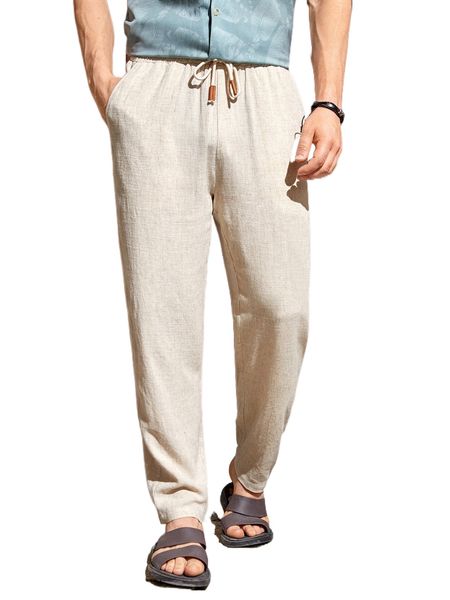 

men solid drawstring waist pants c7mg#, Black