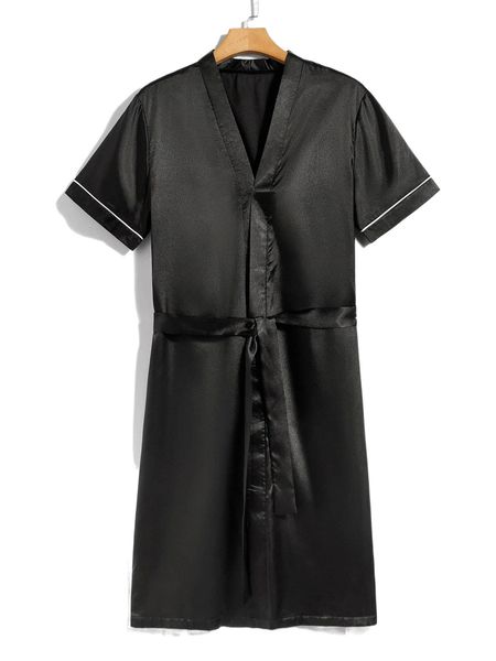 

men contrast piping belted satin robe s1im#, Black;brown