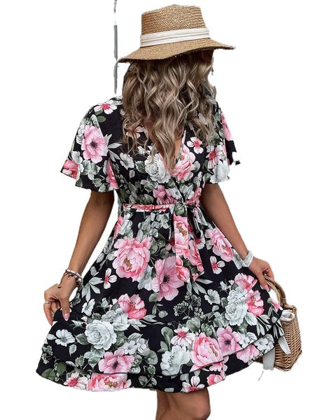 

allover floral print surplice neck layered hem belted dress 03zd#, Black;gray