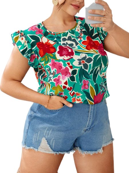 

plus floral print ruffle trim 69eo#, Black
