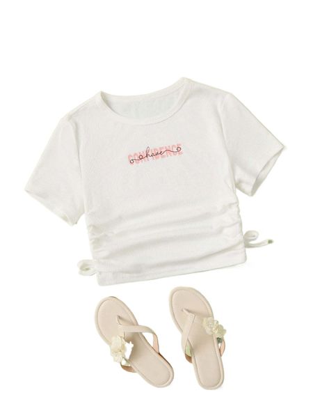 

letter graphic knot side rib knit t-shirt n6ns#, White