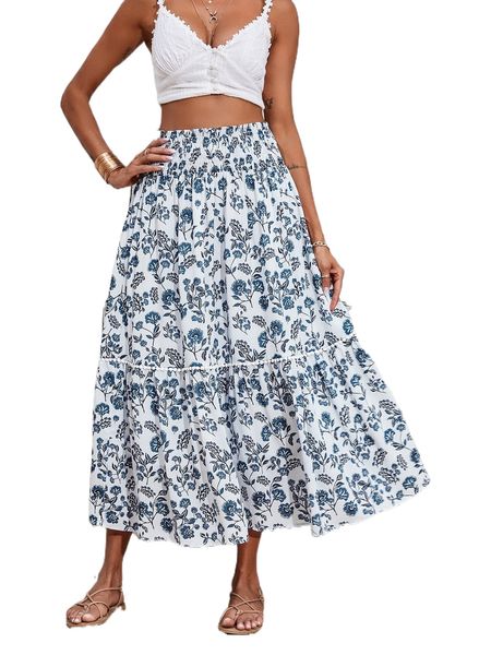 

allover floral print shirred waist skirt 16fg#, Black