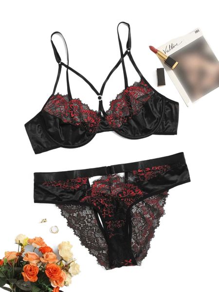 

plus floral lace underwire lingerie set e6rt#, Black;white