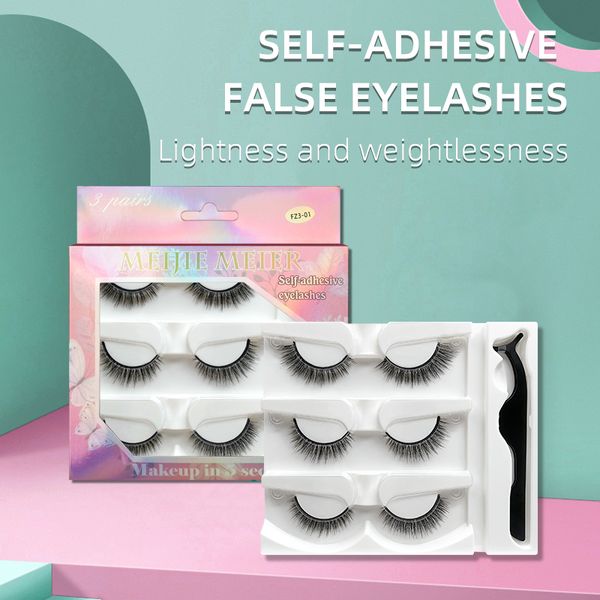 

3 Pairs of Self-Adhesive False Eyelashes with Tweezers Natural Long Thick Quickly Paste Reuse Glue No Magnetic Paper box 4 Models