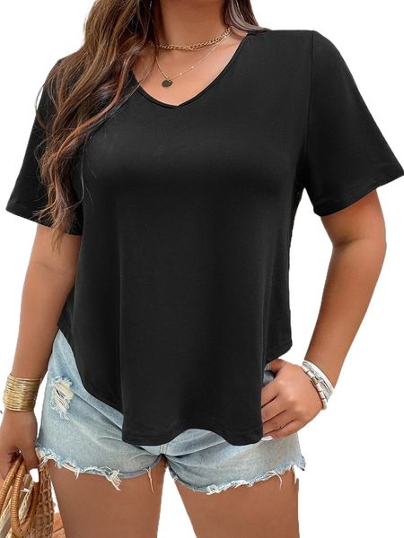

plus v-neck contrast lace back tee 616d#, Black