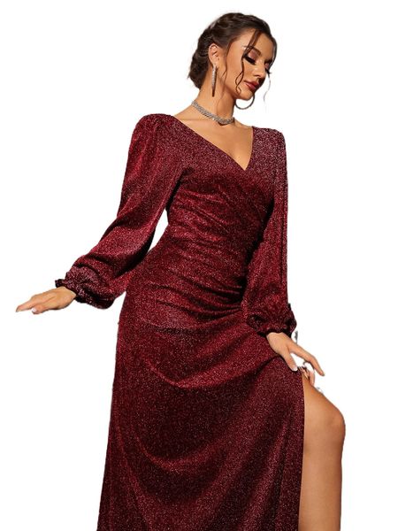

surplice neck bishop sleeve split thigh glitter dress 87hs#, Black;gray