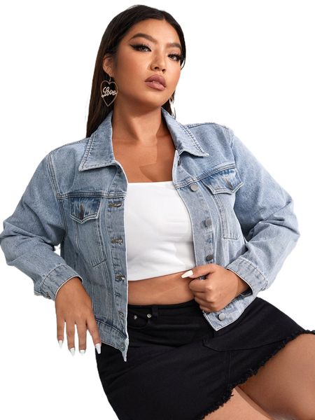 

plus flap pocket button front denim jacket x34b#, Black;brown