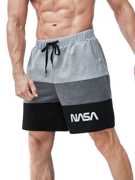 

men letter graphic colorblock drawstring waist sports shorts c0yh#, White;black