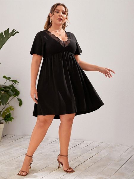 

plus lace detail flounce sleeve dress w7qq#, Black