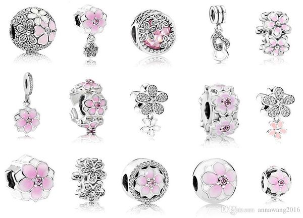 

fits pandora 925 sterling silver bracelet pink enamel magnolia crystal dangle beads charms for european snake charm chain fashion diy jewelr, Black