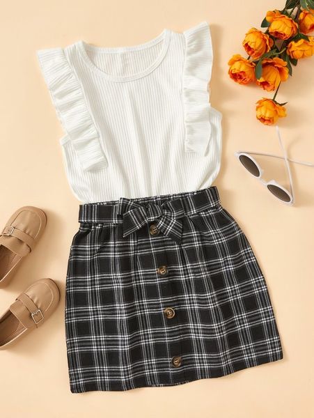 

girls ruffle trim tank & plaid fake button belted skirt she, White