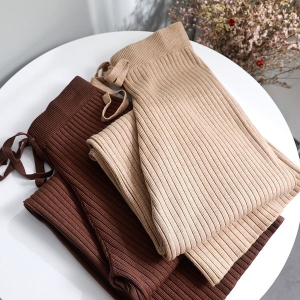 

autumn winter casual straight pant female drawstring loose high waist knitted wide leg pants casual trousers y200418, Black;white