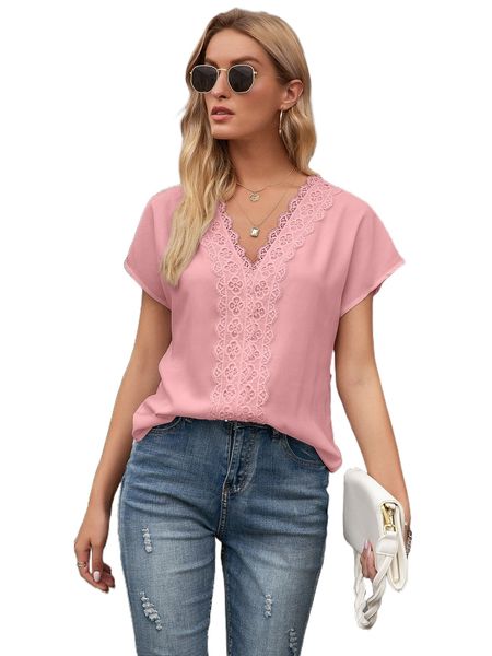 

contrast lace panel solid blouse w3nb#, White