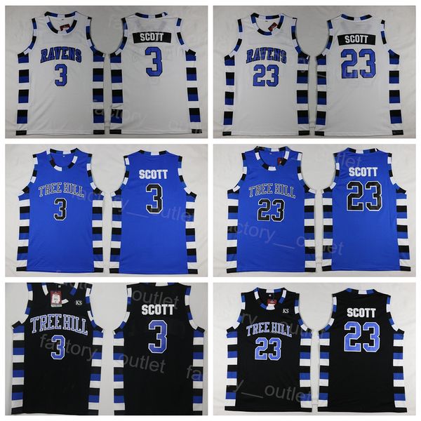 Uomini Movie Basketball One Tree Hill Ravens 3 Lucas Scott Jersey 23 Nathan Scott Brother Nero Bianco Blu Colore della squadra Tutto cucito Per gli appassionati di sport Traspirante Alta qualità