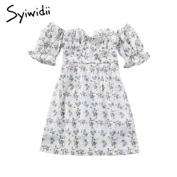 

puff floral print high waist dresses women short sleeve slash neck aline clothes summer fashion dress 210415, Black;gray
