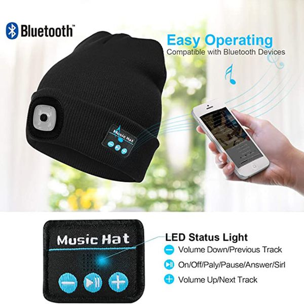 Designer di lusso Warm Beanie Bluetooth 5.0 LED Hat Auricolari stereo wireless Cuffie Lettore musicale con microfono per supporto vivavoce Dimmer ricaricabile