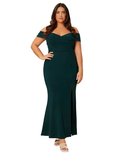 

plus off shoulder split thigh prom dress 49qc#, Black