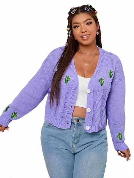 

plus cactus embroidery cable knit drop shoulder cardigan 94o4#, Black