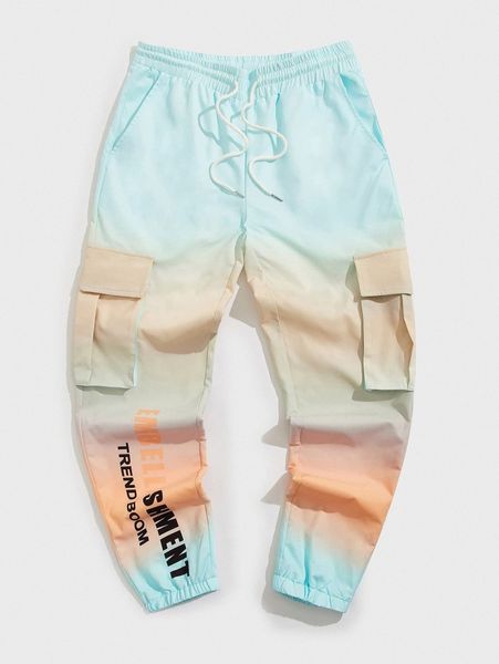 

men ombre & letter graphic drawstring waist pants o1sl#, Black