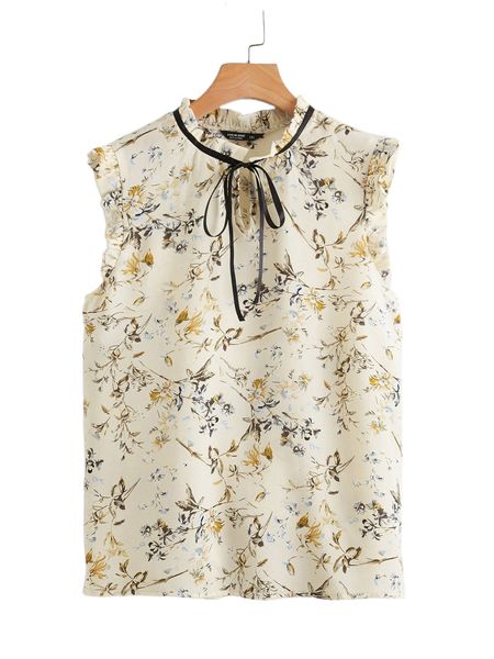 

plus frill trim tie neck floral e205#, Black