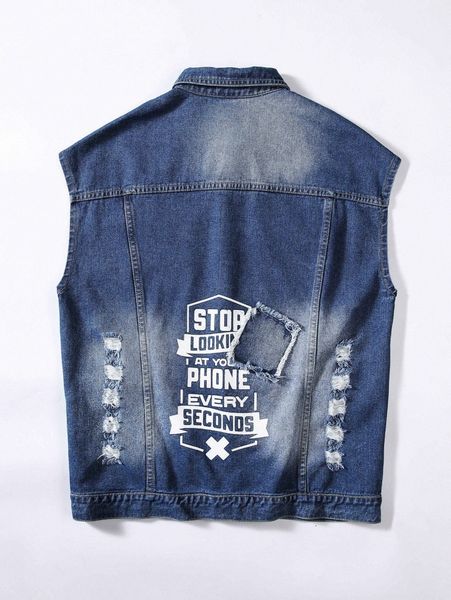 

men slogan graphic ripped denim vest jacket h3ph#, Black;brown