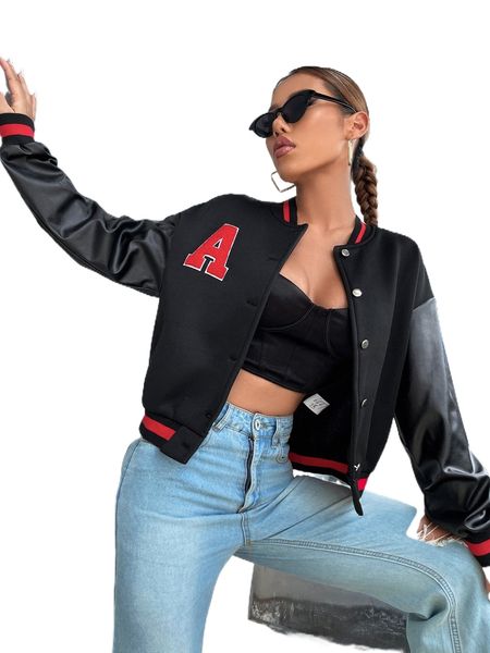 

letter patch detail drop shoulder colorblock bomber jacket f6kq#, Black;brown