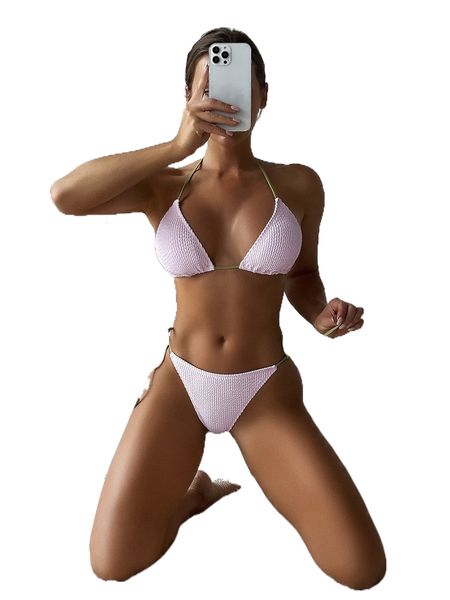 

textured triangle bikini swimsuit s1d9#, White;black