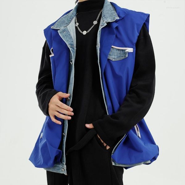 Gilet da uomo Uomo Denim Splice Casual Allentato Streetwear Hip Hop Gilet Cappotto Maschile Vintage Blu Gilet senza maniche Giacca Capispalla Phin22