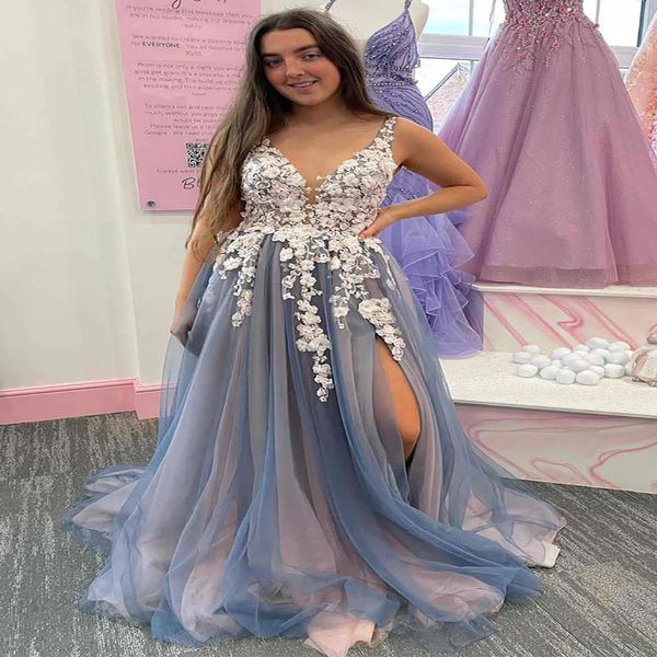 Vestidos de baile de tamanho grande sexy 2022 com renda branca v pescoço tule dividido vestido de noite sem nas costas fumaça azul noite de festa formal vestidos formais de fiesta 2022