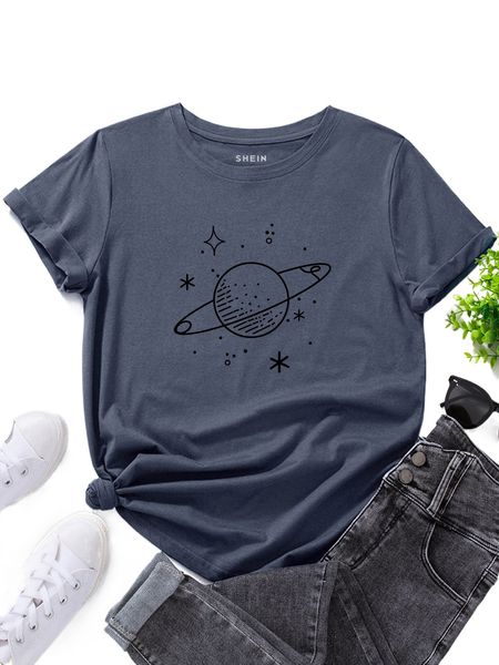 

planet print round neck tee 85cl#, White