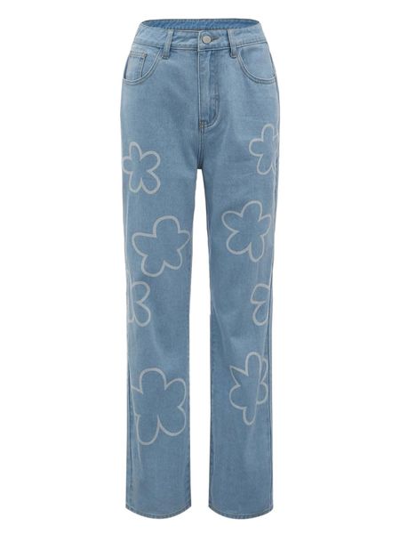 

floral print straight leg jeans u2fr#, Blue