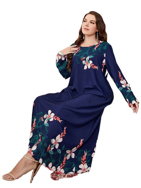 

plus floral print tunic dress b0bi#, Black