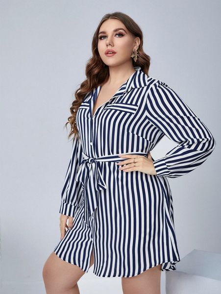 

plus striped print belted shirt dress x4eo#, Black